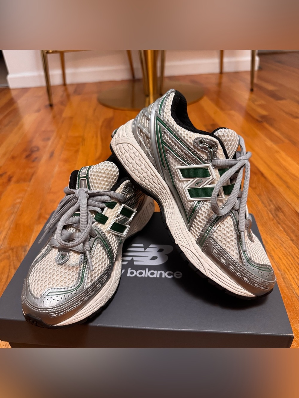 New Balance Cream Mesh Sneakers with Green & Silver Accents